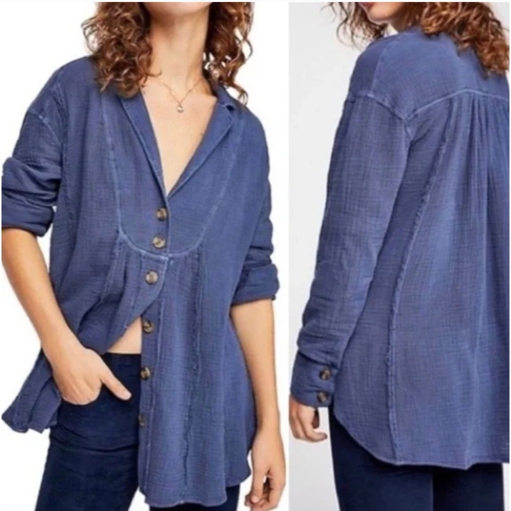 Free People Gauzy Slub Oversized Small Shirt Top Lagenlook Boho‎ Chic Peasant